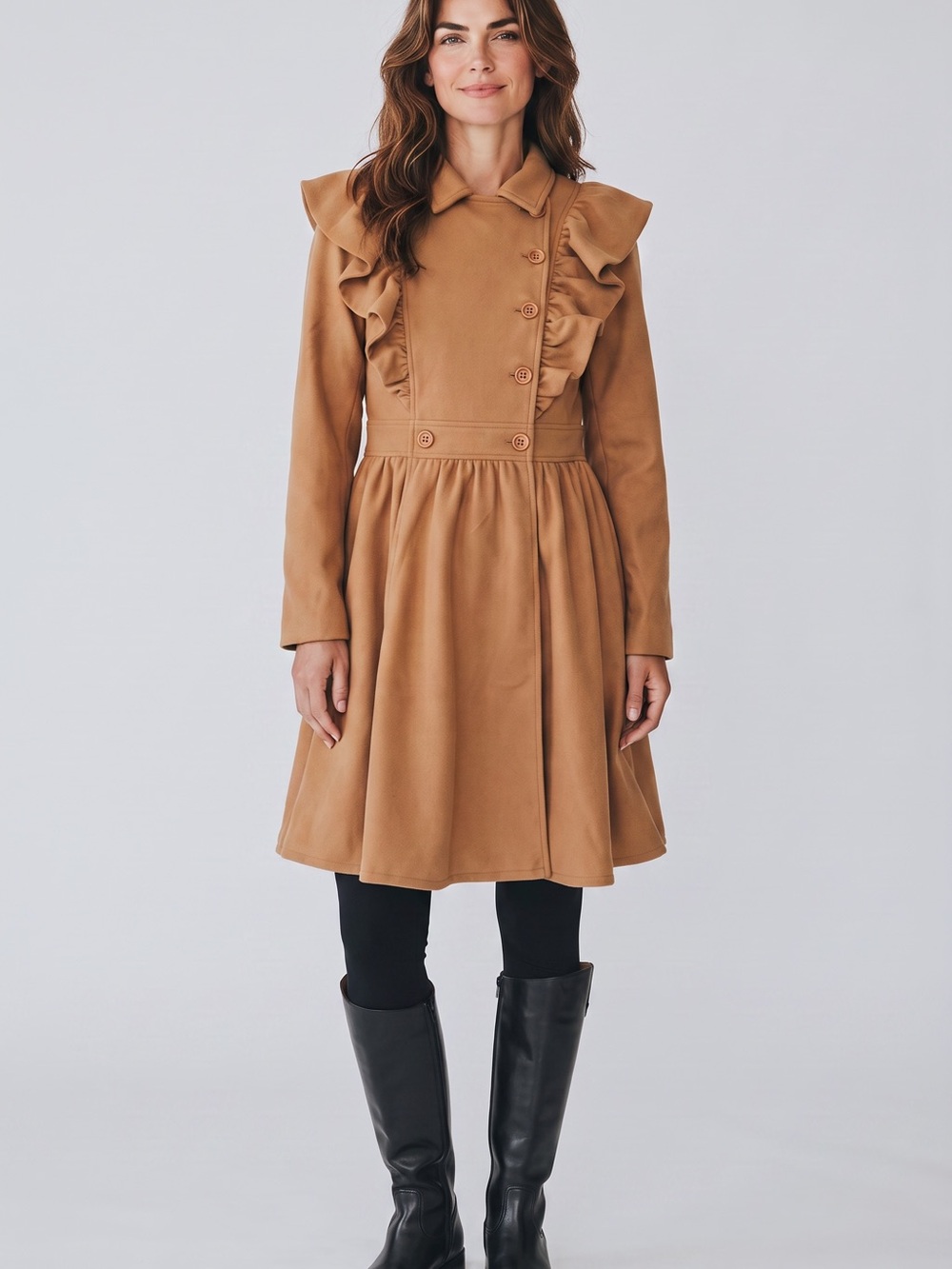 Aura Camel Ruffle-Front Peacoat